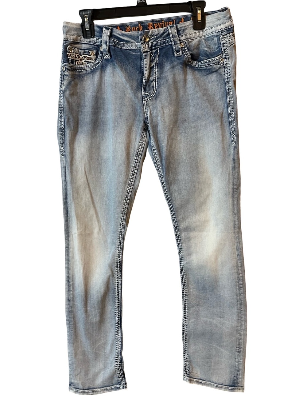 Rock Revival Women's Straight Leg Jeans Light Blue Wash Size 29 Embellished